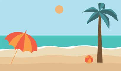 Fototapeta na wymiar Summer beach, travel concept. Sea, umbrella, palm tree, children's ball, sun, sand. Vector illustration, eps 10.