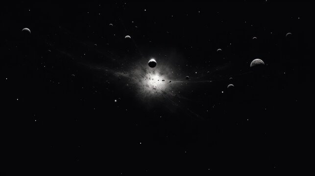  a black and white photo of a cluster of planets in the sky with a star in the middle of the picture.