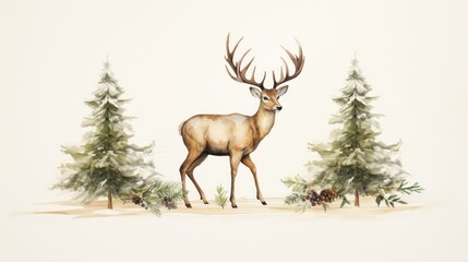 Naklejka na ściany i meble a painting of a deer standing in the middle of a forest with evergreens and pine cones in the foreground.