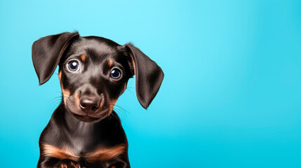 Portrait of a dachshund puppy on a background. Side view, space for text.