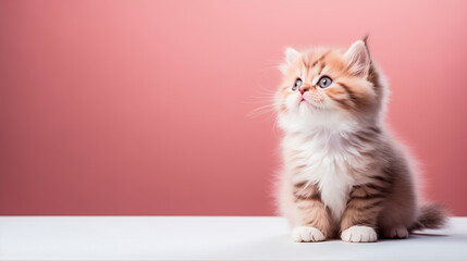 Fluffy ginger kitten on a light pink background. Advertising of pet products.