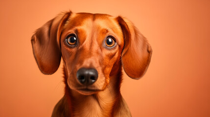 Close-up of a red dachshund's head against a light background.
