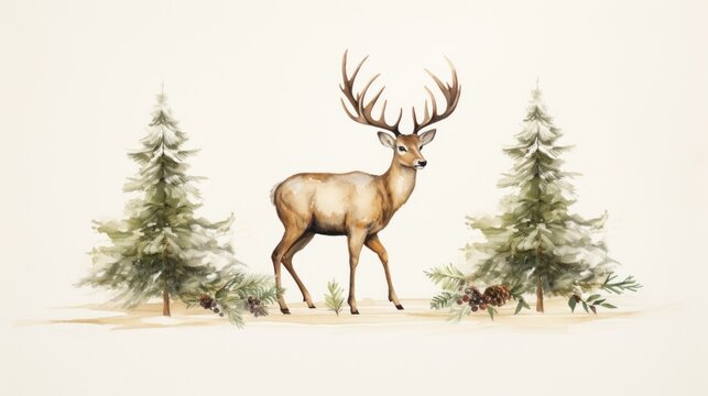  a painting of a deer standing in the middle of a forest with evergreens and pine cones in the foreground.