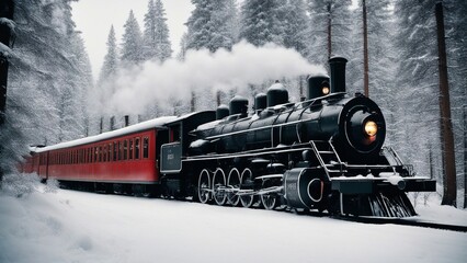 steam locomotive in winter  A   steam train   - obrazy, fototapety, plakaty