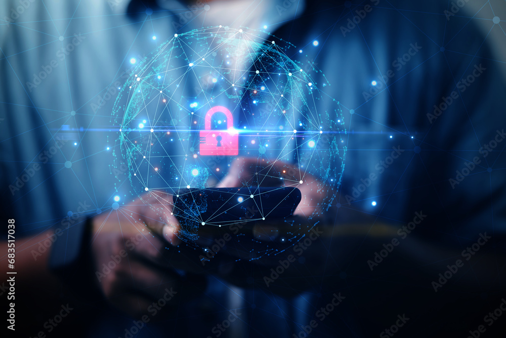 Poster cybersecurity concept business man shows how to protect cyber technology network from attack by hack