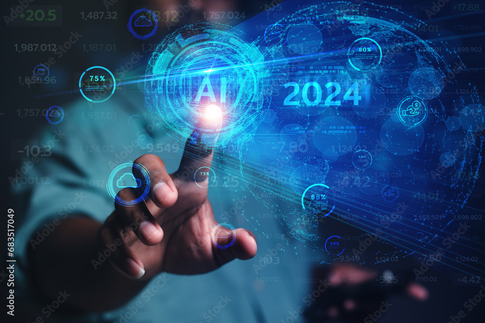 Poster hand touch on the virtual screen ai business database system processes online marketing investment p