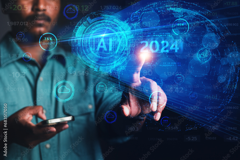 Poster hand touch on the virtual screen ai business database system processes online marketing investment p