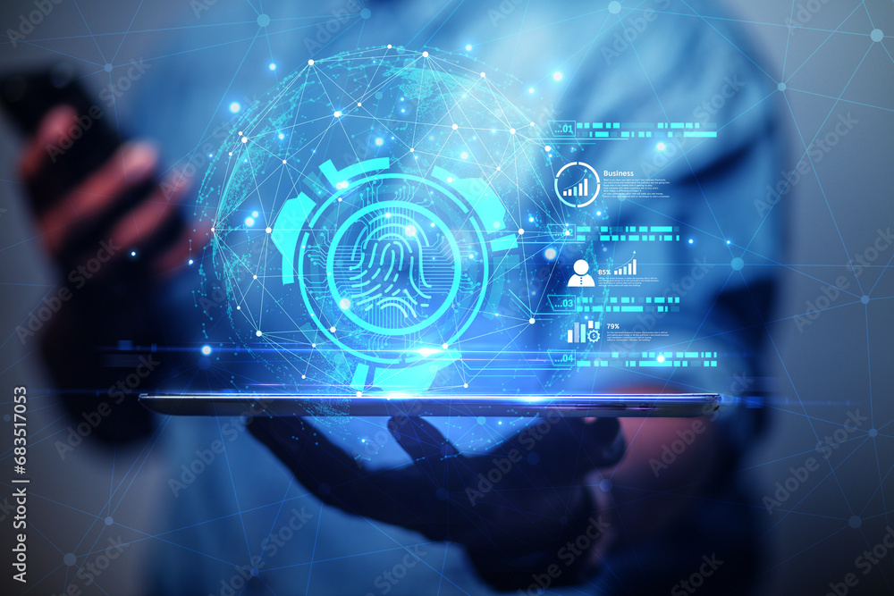Poster cybersecurity concept business man shows how to protect cyber technology network from attack by hack