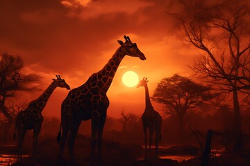 giraffes standing in the wild with a sunset behind them