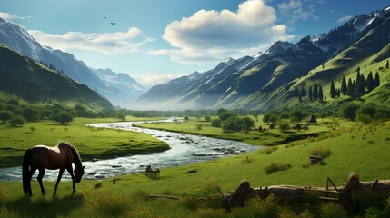 Horses graze alongside a picturesque river, framed by rolling hills in the distance.