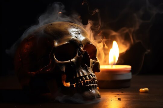 a skull with smoke and a candle