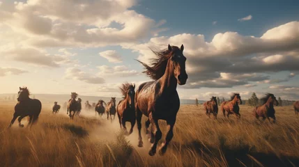 Selbstklebende Fototapeten Horses race across the farm's vast fields, their manes flowing in the wind. © Muzamil