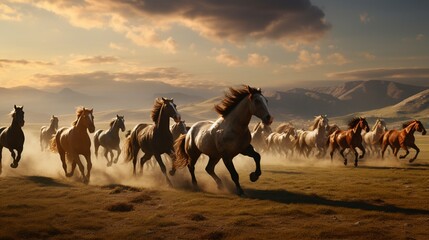 Horses race across the farm's vast fields, their manes flowing in the wind. - obrazy, fototapety, plakaty