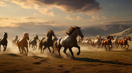 Fotobehang Horses race across the farm's vast fields, their manes flowing in the wind. © Muzamil