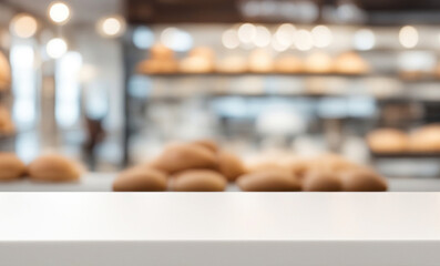 Empty white table top in front, blurred bakery background. Bakery store kitchen scene with horizontal table. Panoramic cafe advertising podium, generated by AI
