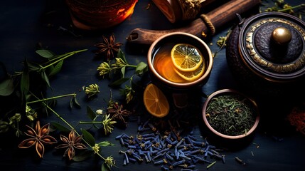 Obraz na płótnie Canvas Herbal tea preparation with lemon and star anise and flowers 