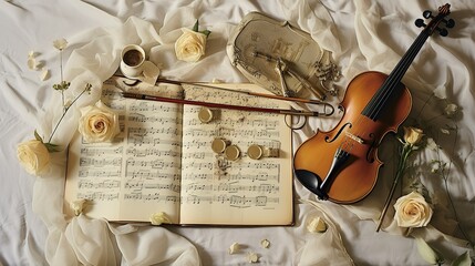 classical music inspiration with violin, sheet music, notes and coins 