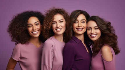 AI illustration Women's Day four multiracial mid adult women. purple background. Social problem.