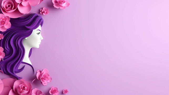 Illustration AI horizontal, Women's Day, postcard with flowers and woman head on a lilac copy space
