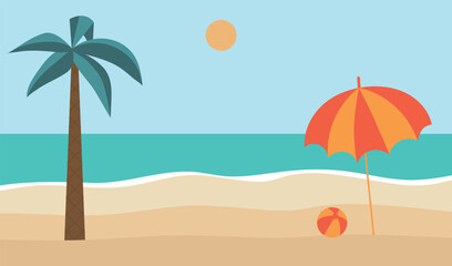 Fototapeta na wymiar Summer beach, travel concept. Sea, umbrella, palm tree, children's ball, sun, sand. Banner background. Vector illustration.