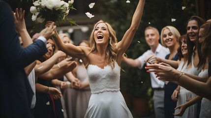 Bride tossing bouquet to excited guests at wedding - obrazy, fototapety, plakaty