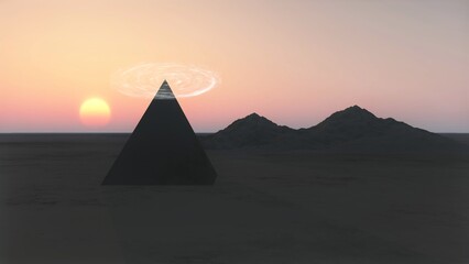 Pyramid and mountains in the rays of sunset