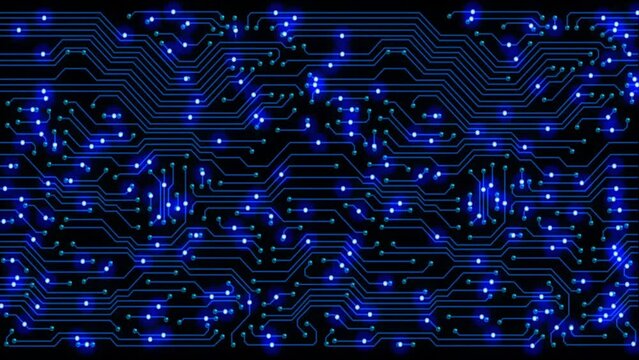 Animated circuit board showing data movement on a printed circuit, logic board