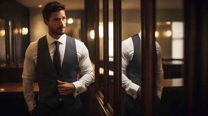 Groom adjusting his suit while looking in the mirror
