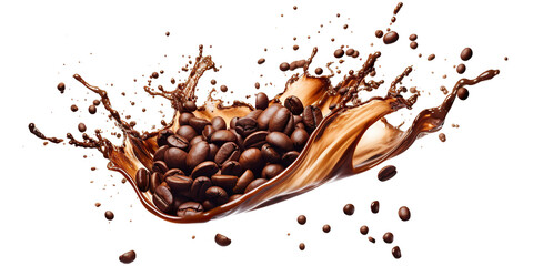 Delicious coffee beans in splashes of coffee, cut out - obrazy, fototapety, plakaty