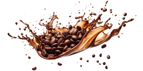 Delicious coffee beans in splashes of coffee, cut out