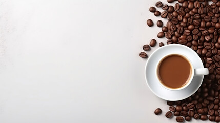White cup with coffee next to coffee beans. Place for text. - obrazy, fototapety, plakaty