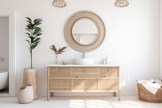 Boho style bathroom  interior with rattan furniture and greenery  filled with light - Powered by Adobe