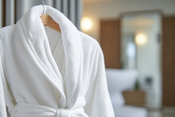 Close up of soft terry cloth spa bathrobe on the hanger