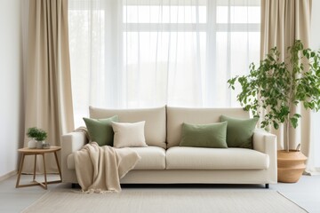 Beige sofa with green cushions in the contemporary living room interior near the window