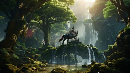 the amazing forest horse traversing a land of floating islands and cascading waterfalls, defying gravity. - obrazy, fototapety, plakaty