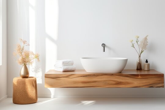 Modern bathroom design interior with wooden countertop © Lazylizard