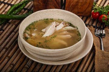 Tasty dietary chicken soup with vegetables