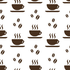 Brown coffee cups on white background vector seamless pattern. Best for textile, cafe decor, wallpapers, wrapping paper, package and web design.