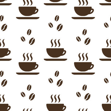 Brown coffee cups on white background vector seamless pattern. Best for textile, cafe decor, wallpapers, wrapping paper, package and web design.