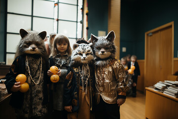 children play and run around in animal costumes, celebrate carnival. carnivals in childhood. carnivals. costumes of tigers, raccoons, lions, rabbits. happy children. - obrazy, fototapety, plakaty