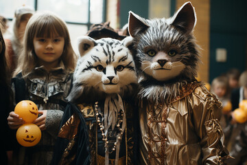 children play and run around in animal costumes, celebrate carnival. carnivals in childhood....