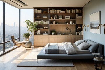 A guest room with fold-down bed and multifunctional wall unit