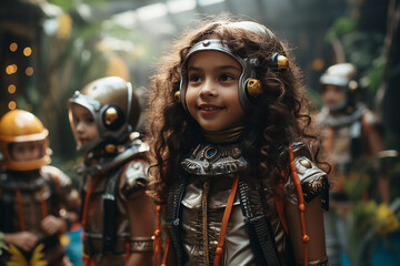 children in futuristic costumes celebrate carnival. children's carnivals