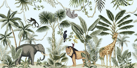 African elephant, lion, giraffe, sloth, monkey, parrot, palm tree, plant mural. Safari botanical wallpaper. - 683522031