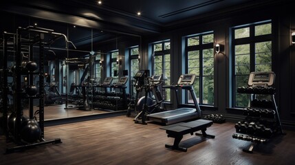 Fototapeta na wymiar A high-end black home gym with a wall of mirrors, advanced workout equipment, and integrated tech