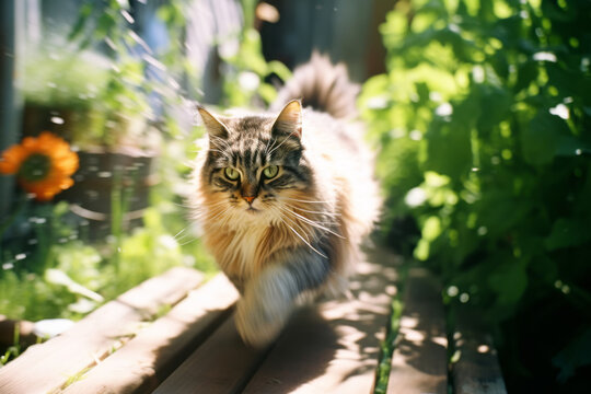 Fluffy Cat Outdoors In Sunny Green Garden Walking Towards Camera Looking