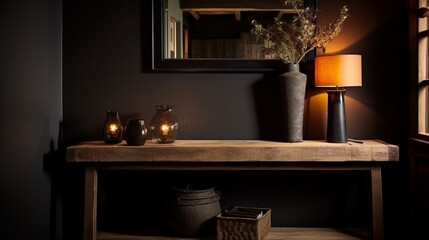 A black entryway with a rustic console table, mirror, and warm accent lighting