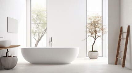 Fototapeta na wymiar A contemporary white bathroom with a freestanding bathtub and stylish fixtures