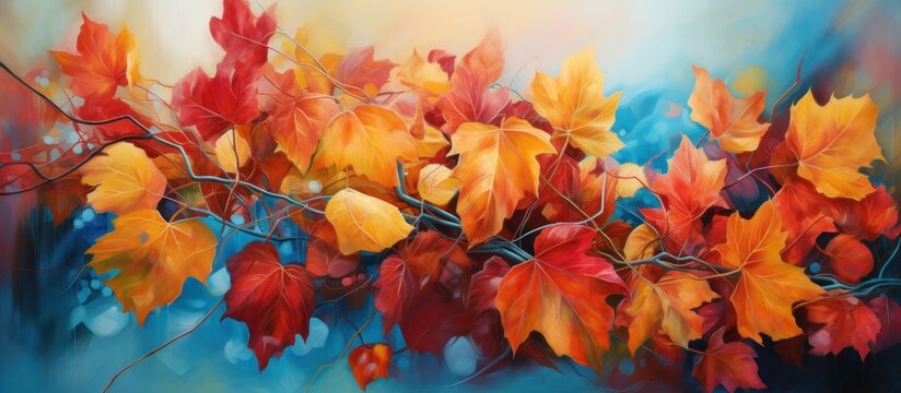Colorful painting Yellow, green and red tree autumn leaves on blue background. AI generated image