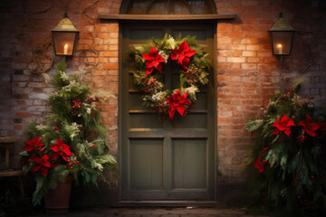 Fototapeta na wymiar Festive Holiday Wreath Illuminating a Rustic Doorway